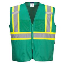 Load image into Gallery viewer, A front view of a customizable bottle green safety vest with reflective tape and pockets. The vest is blank, ready for customization with a company logo, name, or other design.
