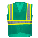 A back view of a green safety vest with reflective tape and pockets