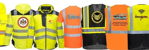 Safety vest, safety jackets and safety shirts with custom logo printing on them side by side.