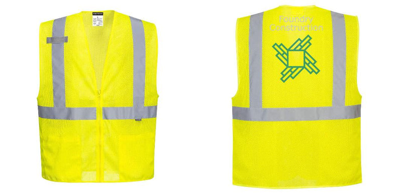 Custom Hi-Vis Yellow Safety Vest – Mesh, Reflective, Zipper Front, ANSI Class 2