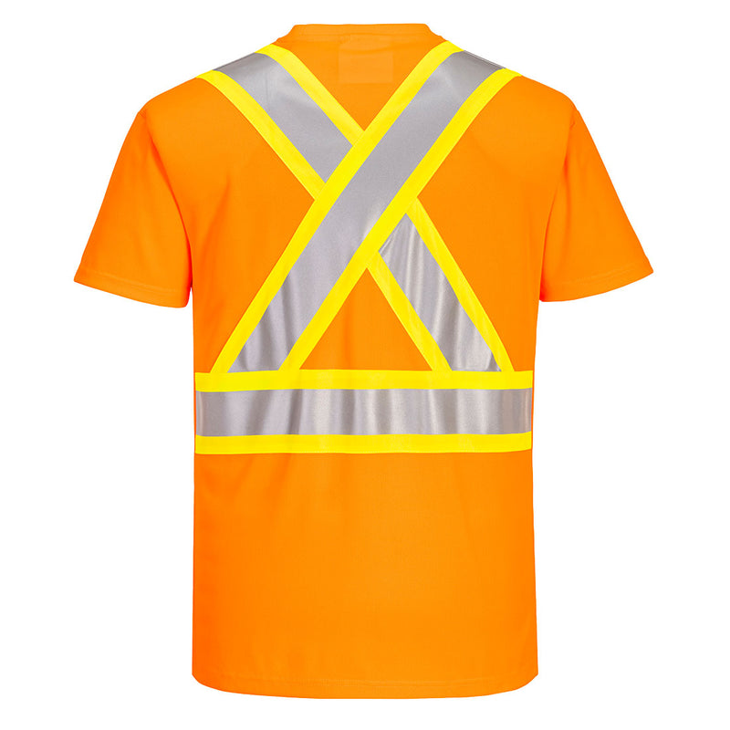 Back view of orange contrast-tape X-back ANSI Class 2 short-sleeve safety T-shirt