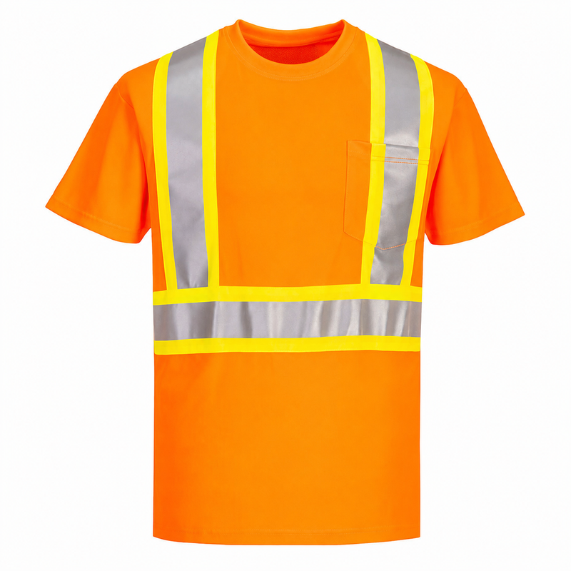 Front view of orange contrast-tape X-back ANSI Class 2 short-sleeve safety T-shirt