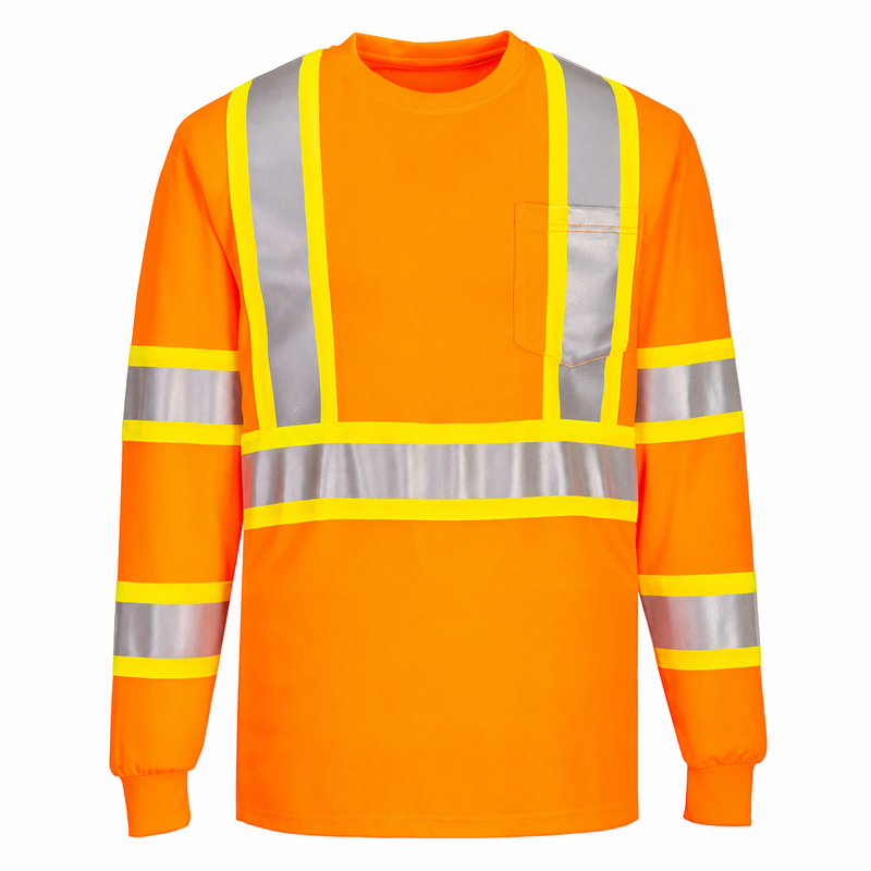 Front view of orange contrast-tape X-back ANSI Class 3 long-sleeve safety shirt