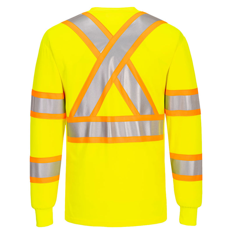 Back view of yellow contrast-tape X-back ANSI Class 3 long-sleeve safety shirt