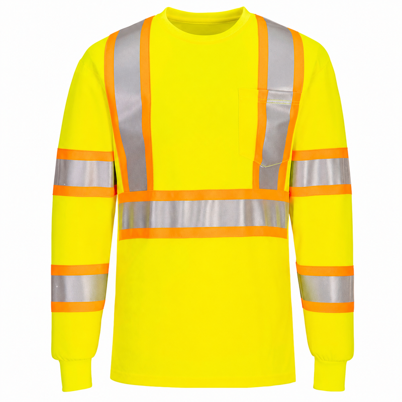 Front view of yellow contrast-tape X-back ANSI Class 3 long-sleeve safety shirt