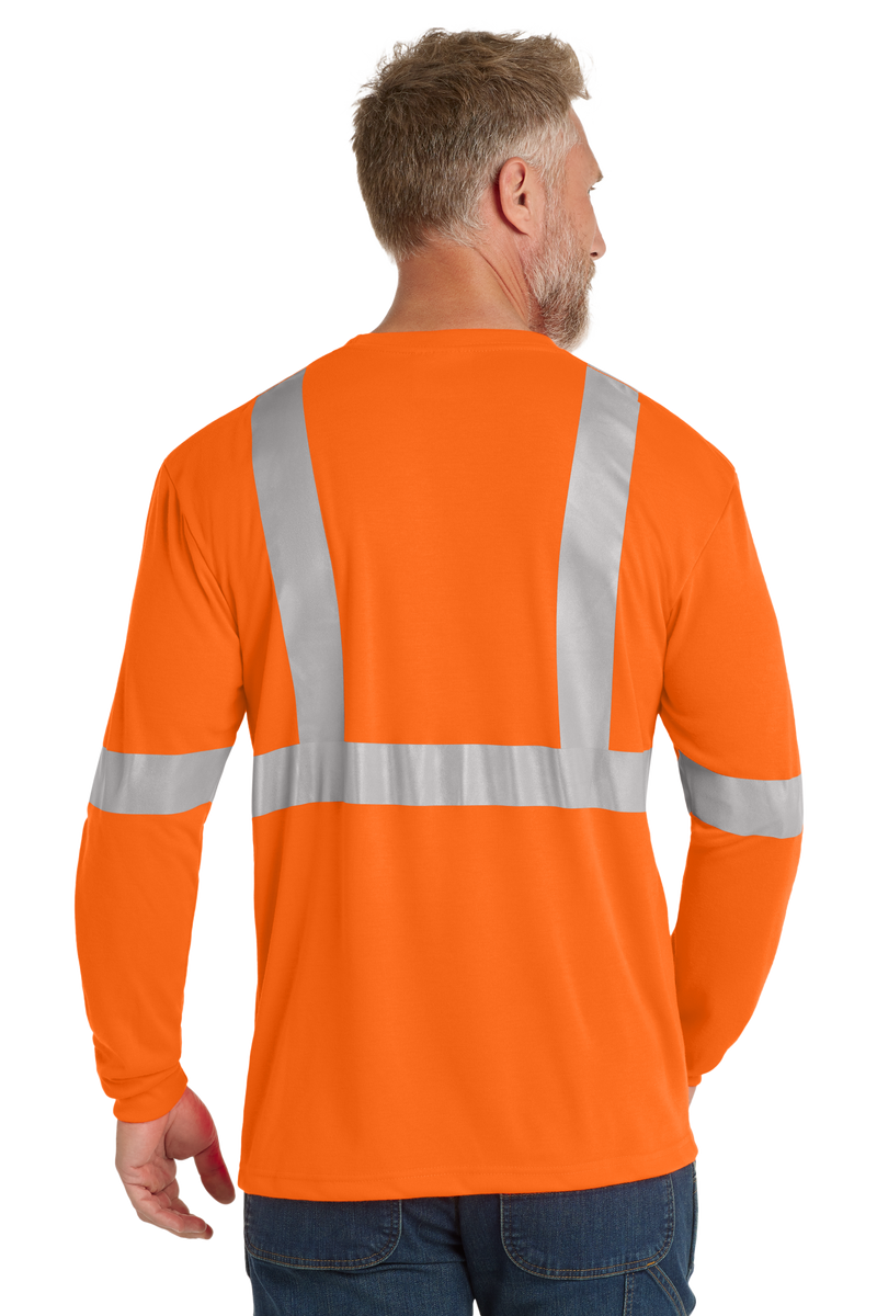 Back view of orange hi-vis long sleeve reflective safety shirt