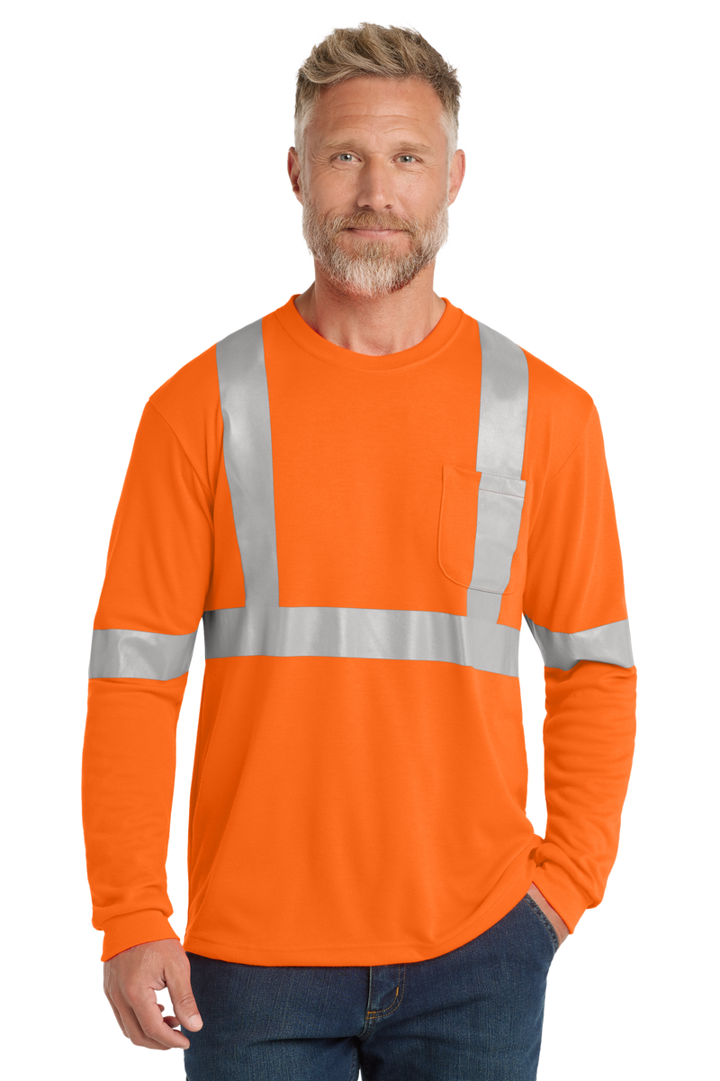 Front view of orange hi-vis ANSI Class 2 long sleeve safety shirt