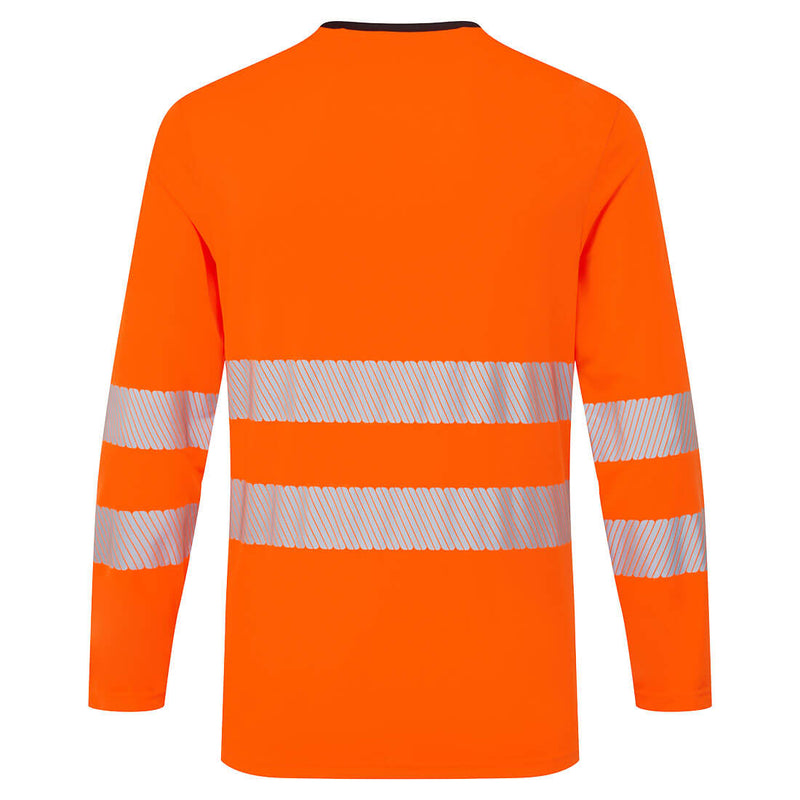 Back view of orange and black slim-fit ANSI Class 3 long-sleeve safety shirt
