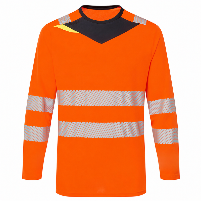 Front view of orange and black slim-fit ANSI Class 3 long-sleeve safety shirt