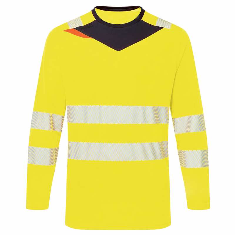 Front view of yellow and black slim-fit ANSI Class 3 long-sleeve safety shirt