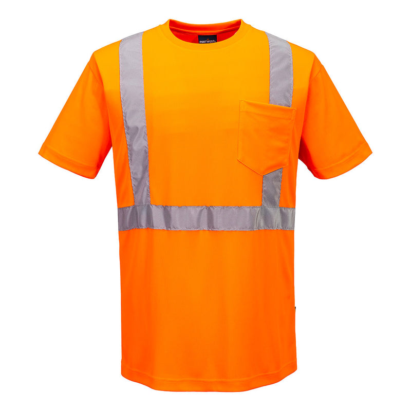 Front view of orange ANSI Class 2 short-sleeve safety T-shirt