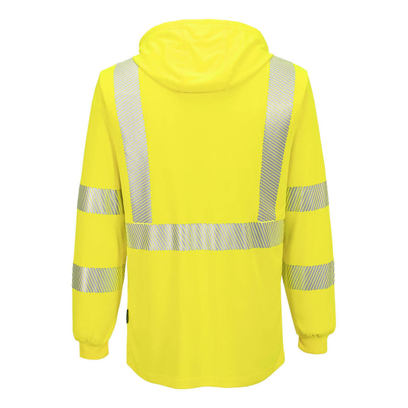 Back view of yellow ANSI Class 3 hooded long-sleeve safety shirt