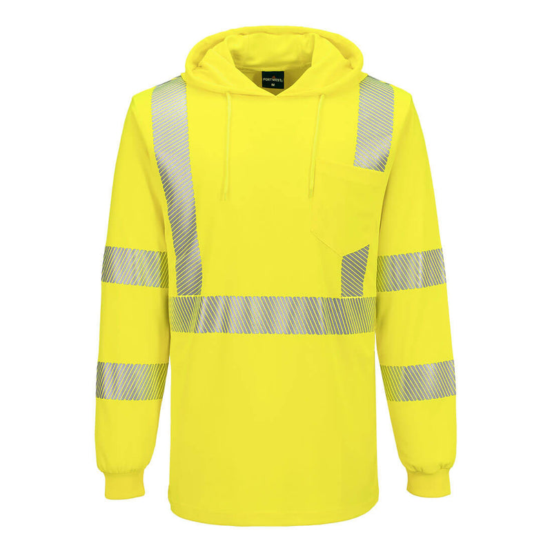 Front view of yellow ANSI Class 3 hooded long-sleeve safety shirt