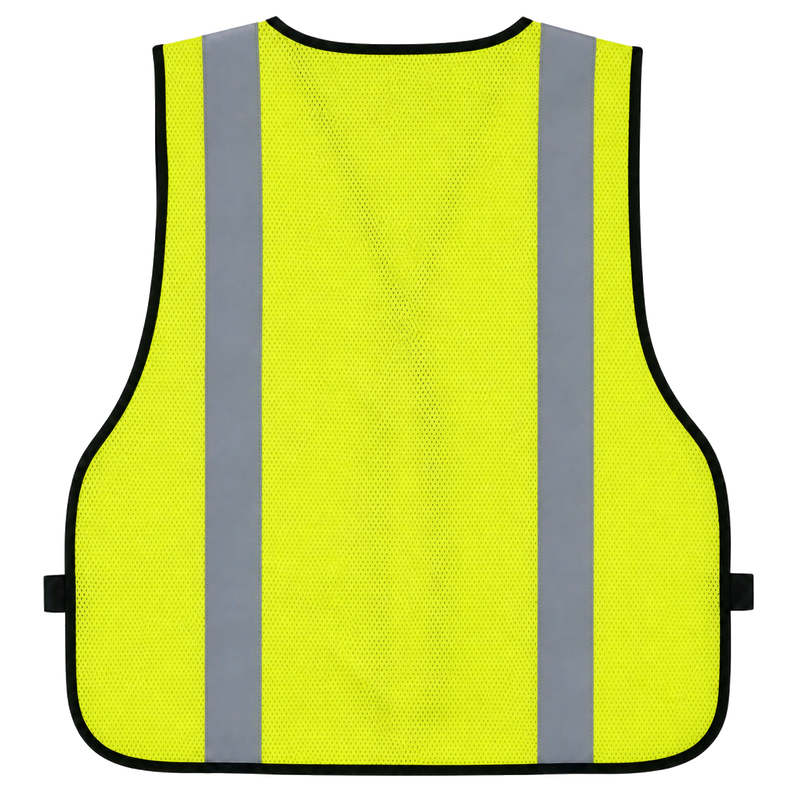 Back view of custom yellow economy mesh safety vest with hook-and-loop closure