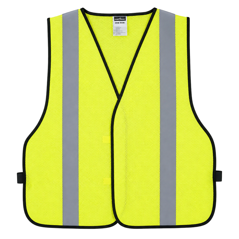 Front view of custom yellow economy mesh safety vest with hook-and-loop closure