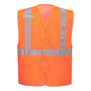 Front of high-visibility orange mesh safety vest with reflective stripes