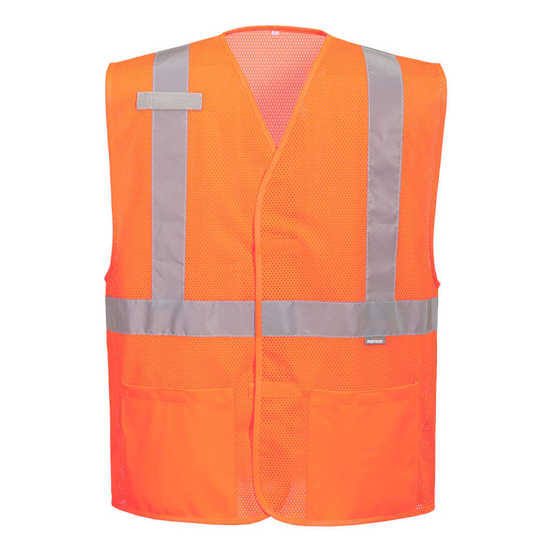 Front of high-visibility orange mesh safety vest with reflective stripes