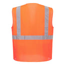 Back of high-visibility orange mesh safety vest with reflective stripes