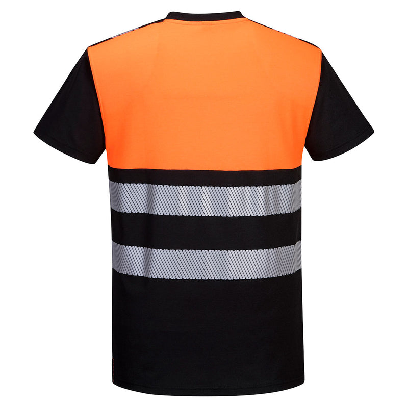 Back view of custom black and orange cotton-blend segmented-tape ANSI Class 1 safety T-shirt