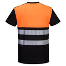 Back view of custom black and orange cotton-blend segmented-tape ANSI Class 1 safety T-shirt