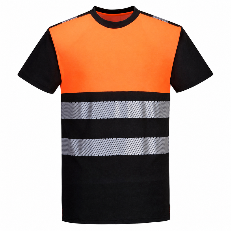Front view of custom black and orange cotton-blend segmented-tape ANSI Class 1 safety T-shirt