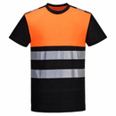 Front view of custom black and orange cotton-blend segmented-tape ANSI Class 1 safety T-shirt