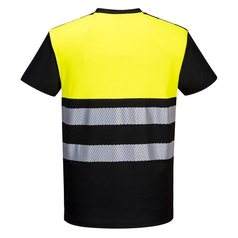 Back view of black and yellow ANSI Class 1 short-sleeve safety T-shirt with segmented reflective tape