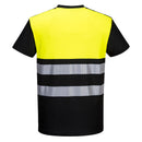 Back view of black and yellow ANSI Class 1 short-sleeve safety T-shirt with segmented reflective tape