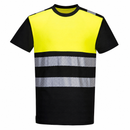 Front view of black and yellow ANSI Class 1 short-sleeve safety T-shirt with segmented reflective tape