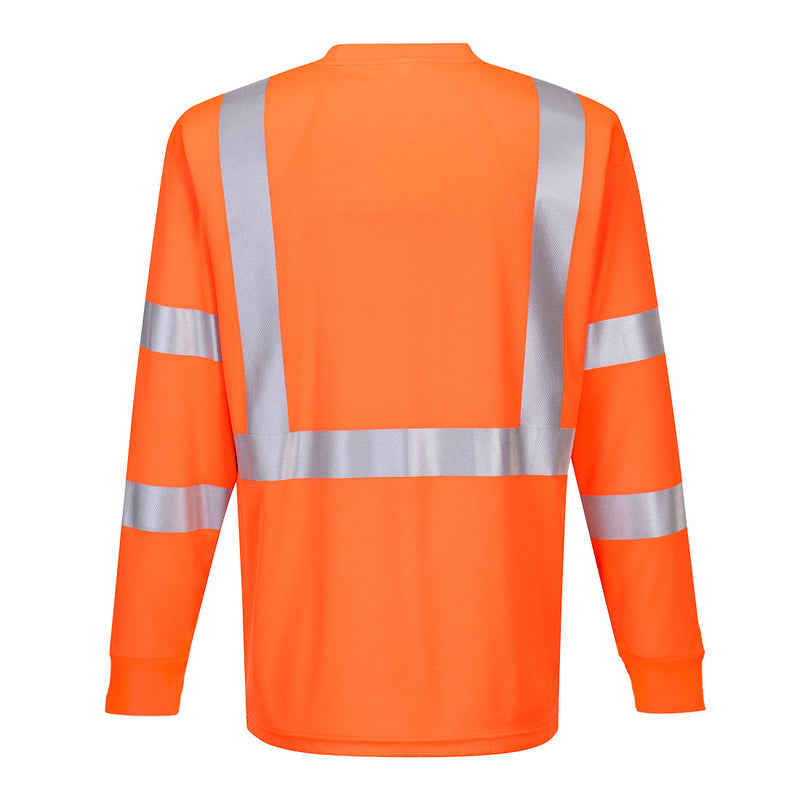 Back view of orange ANSI Class 3 long-sleeve safety shirt with reflective tape