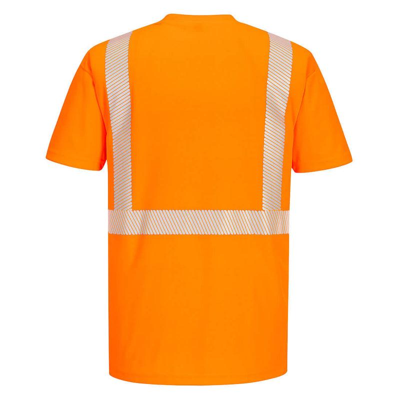Back view of custom orange pin-mesh segmented-tape ANSI Class 2 safety T-shirt
