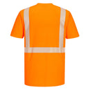 Back view of custom orange pin-mesh segmented-tape ANSI Class 2 safety T-shirt