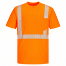 Front view of custom orange pin-mesh segmented-tape ANSI Class 2 safety T-shirt