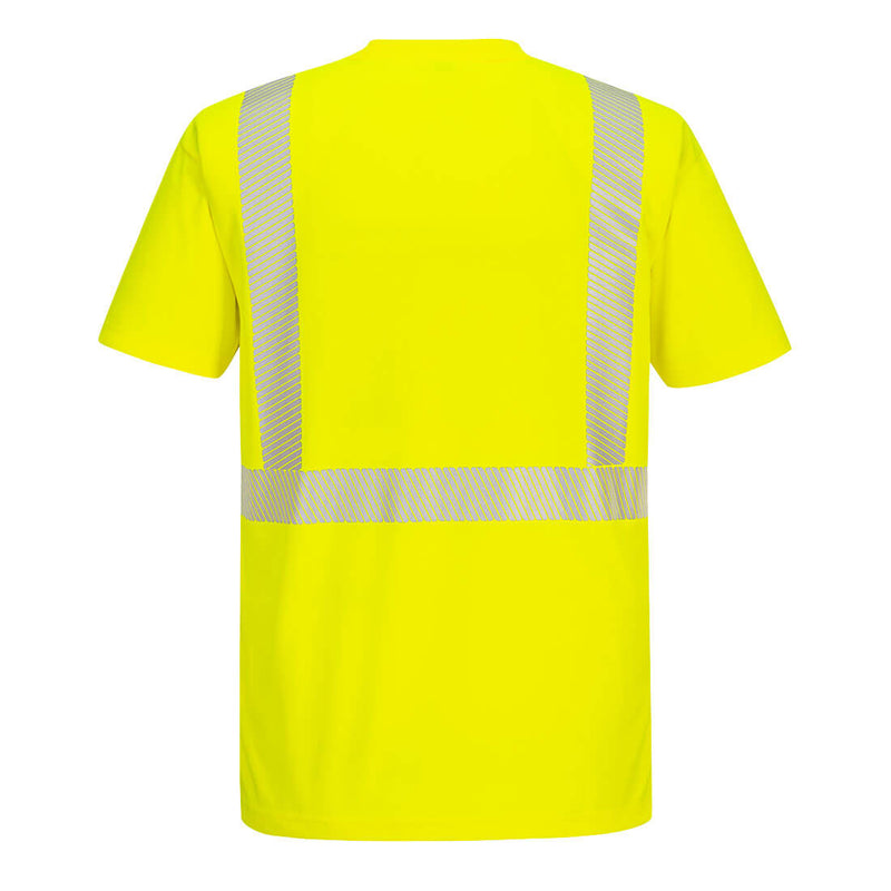 Back view of custom yellow pin-mesh segmented-tape ANSI Class 2 safety T-shirt