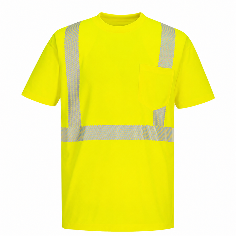 Front view of custom yellow pin-mesh segmented-tape ANSI Class 2 safety T-shirt