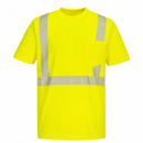 Front view of custom yellow pin-mesh segmented-tape ANSI Class 2 safety T-shirt