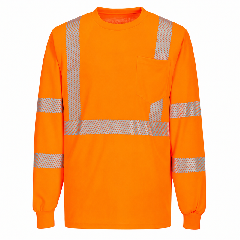 Front view of custom orange segmented-tape ANSI Class 3 long-sleeve safety shirt