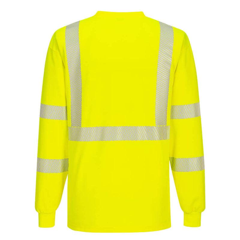 Back view of custom yellow segmented-tape ANSI Class 3 long-sleeve safety shirt