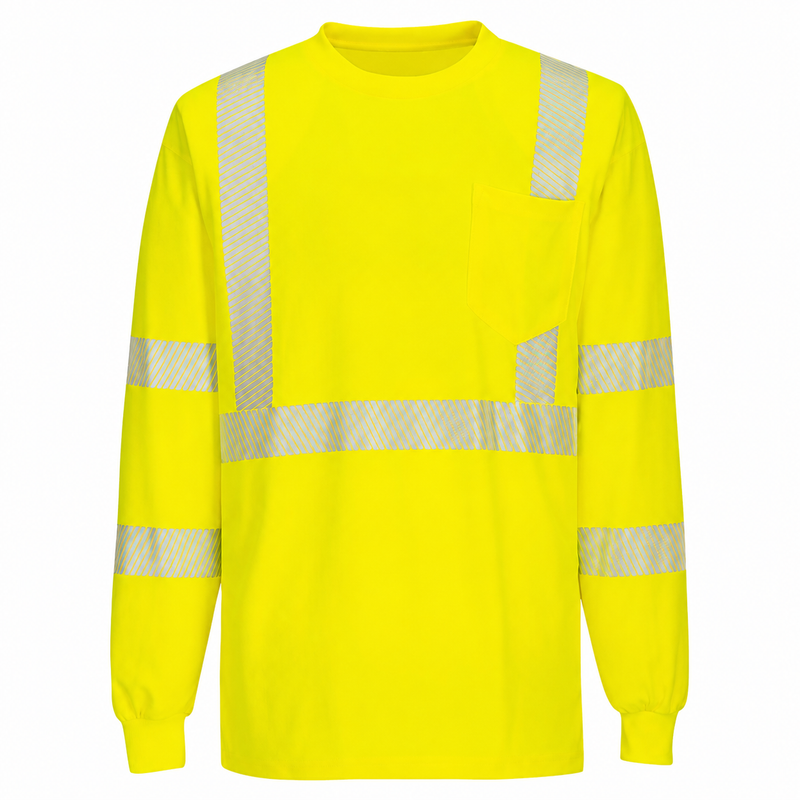 Front view of custom yellow segmented-tape ANSI Class 3 long-sleeve safety shirt