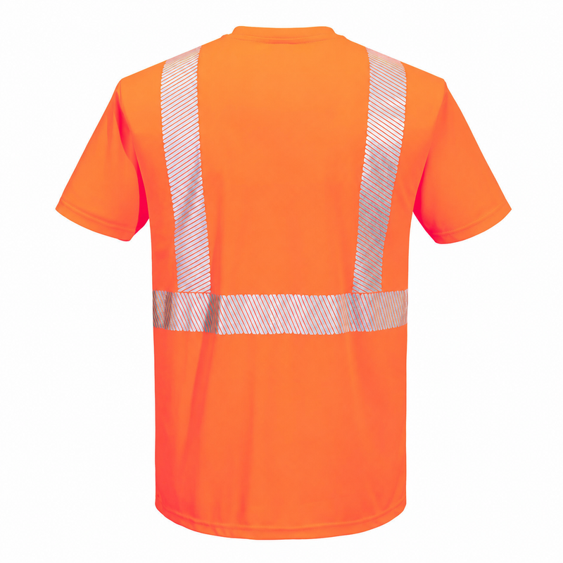 Back view of custom orange and black segmented-tape ANSI Class 2 safety T-shirt