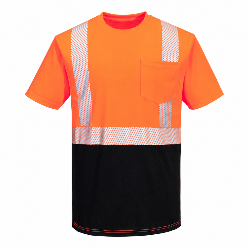 Front view of custom orange and black segmented-tape ANSI Class 2 safety T-shirt