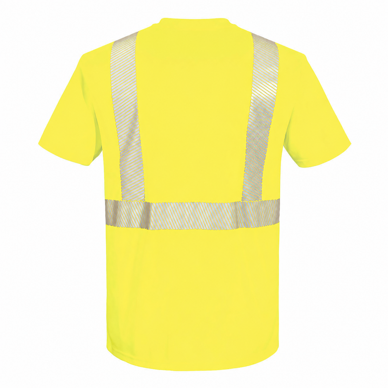 Back view of custom yellow and black segmented-tape ANSI Class 2 safety T-shirt