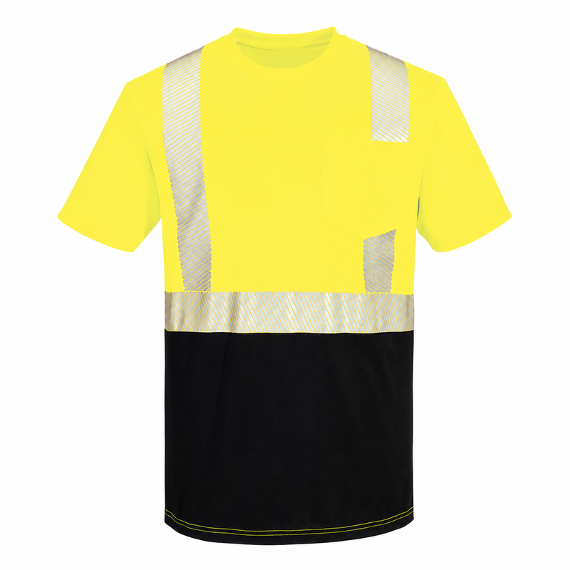 Front view of custom yellow and black segmented-tape ANSI Class 2 safety T-shirt