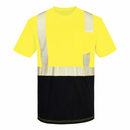 Front view of custom yellow and black segmented-tape ANSI Class 2 safety T-shirt