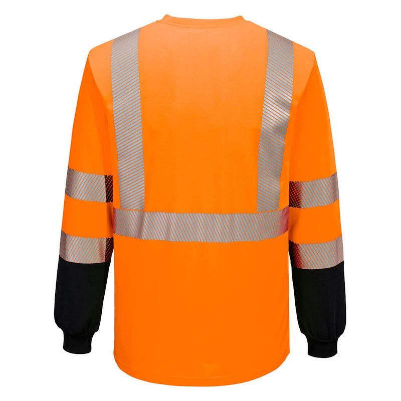 Back view of orange and black segmented-tape ANSI Class 3 long-sleeve safety shirt