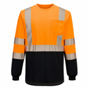 Front view of orange and black segmented-tape ANSI Class 3 long-sleeve safety shirt