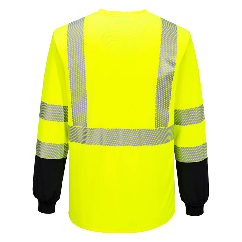 Back view of yellow and black segmented-tape ANSI Class 3 long-sleeve safety shirt