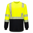 Front view of yellow and black segmented-tape ANSI Class 3 long-sleeve safety shirt