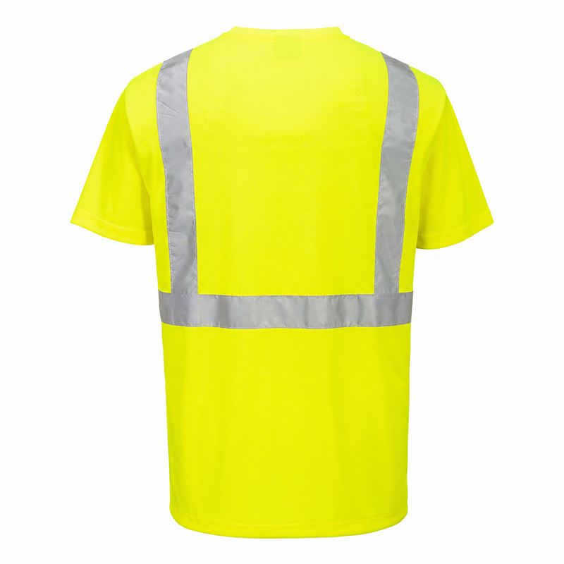 Back view of yellow pocketless ANSI Class 2 short-sleeve safety T-shirt