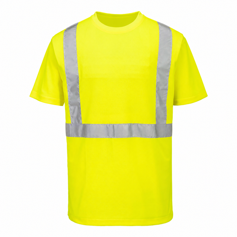 Front view of yellow pocketless ANSI Class 2 short-sleeve safety T-shirt